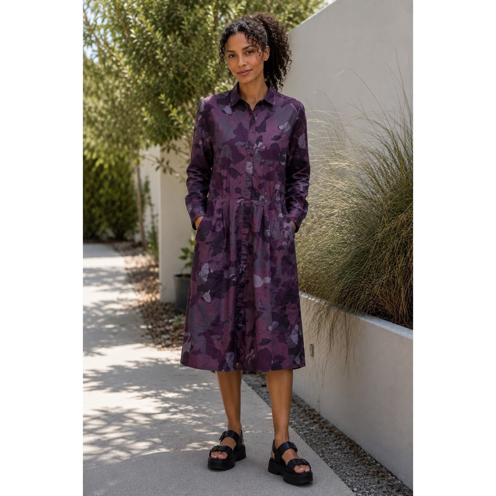 GAP Designed & Crafted Womens Size 10 Purple Camo Floral Midi Shirt Dress Pocket